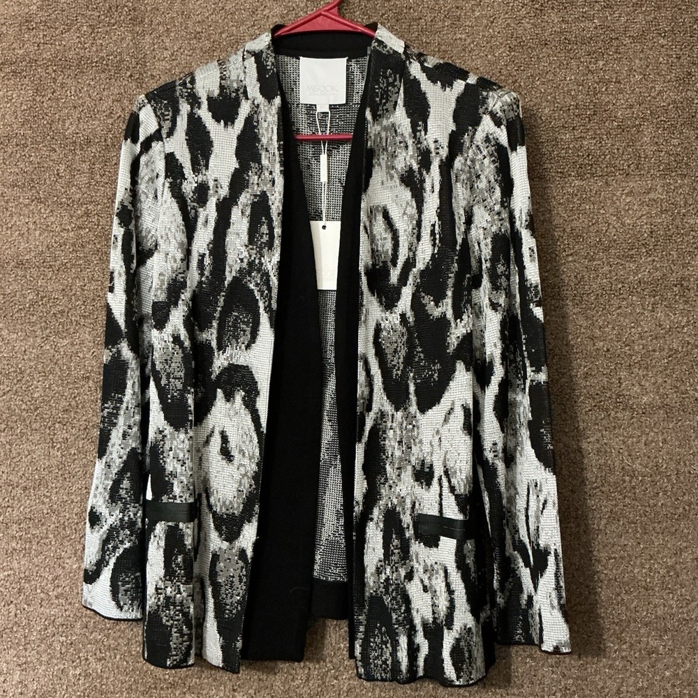 Misook Snow Leopard Jacket New W/Tags $438 Knit Petite Small Black Cream Bronze